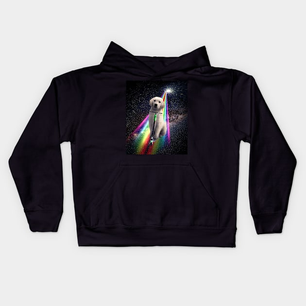 Space Galaxy Dog On Scooter Rainbow Kids Hoodie by Random Galaxy